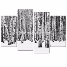 4-х панельная березовая роспись стены / черно-белые фотографии в лесу Печать на холсте / зимний пейзаж